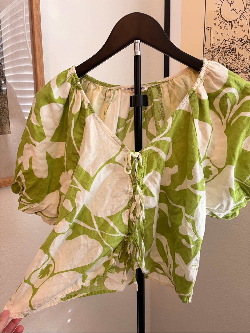 Christian Siriano Linen-Blend Tie-Front Puff Sleeve Top in Green and White